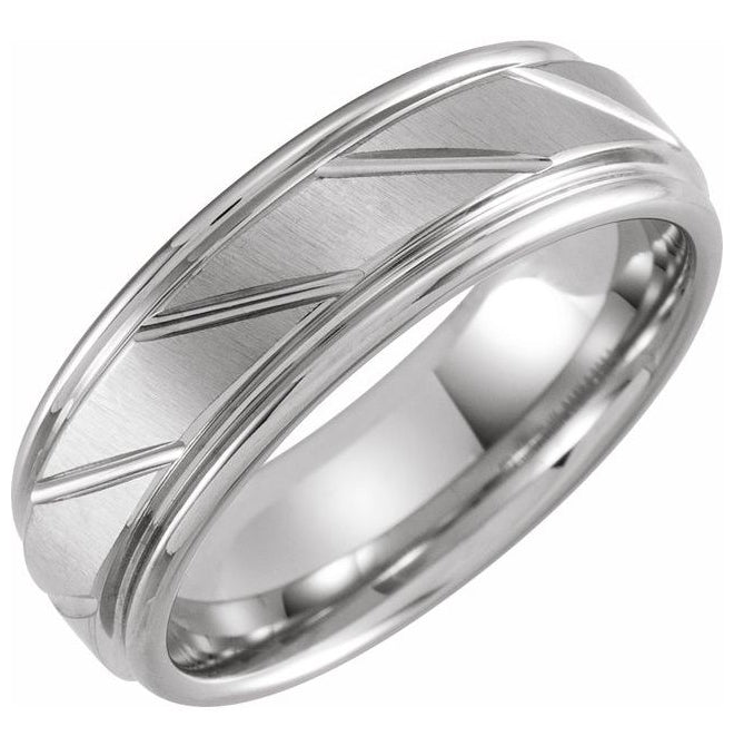 Tungsten 7 mm Stepped-Edge Grooved Comfort-Fit Flat Band With Satin Finish