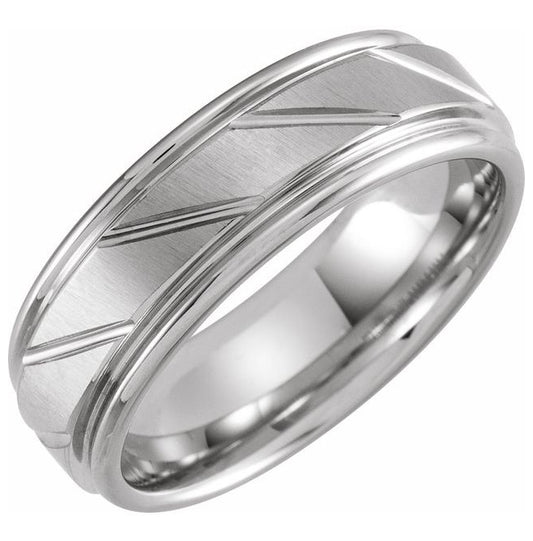 Tungsten 7 mm Stepped-Edge Grooved Comfort-Fit Flat Band With Satin Finish