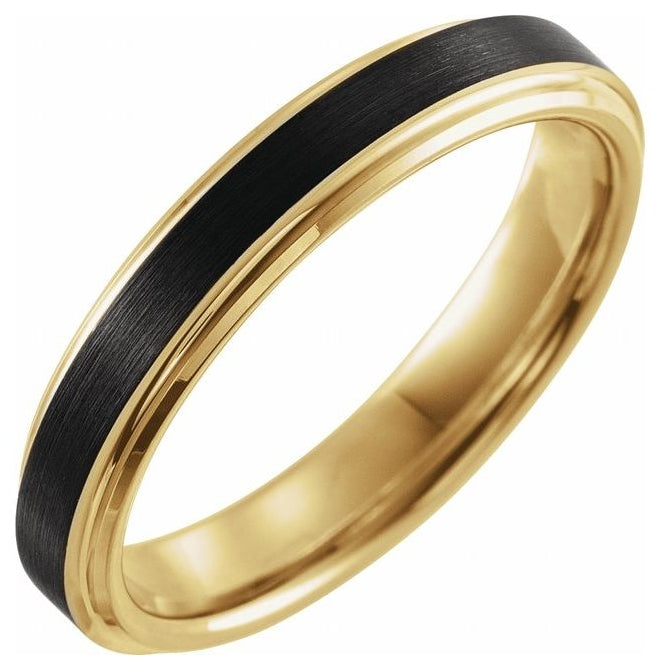 18K Yellow Gold PVD & Black PVD Tungsten 4 mm Stepped-Edge Comfort-Fit Flat Band Size 9.5