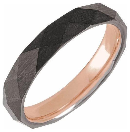 18K Rose Gold PVD Tungsten 4 mm Geometric Faceted Comfort-Fit Band Size 12
