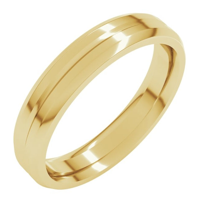 14K Yellow Gold Beveled-Edge Grooved Comfort-Fit Flat Band