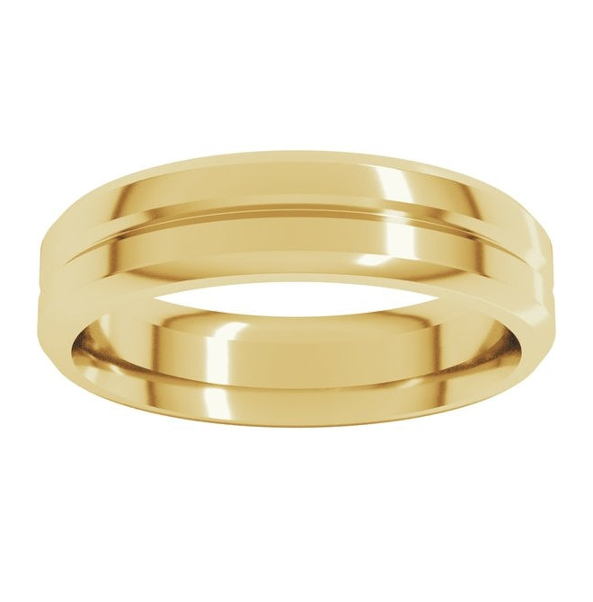 14K Yellow Gold Beveled-Edge Grooved Comfort-Fit Flat Band
