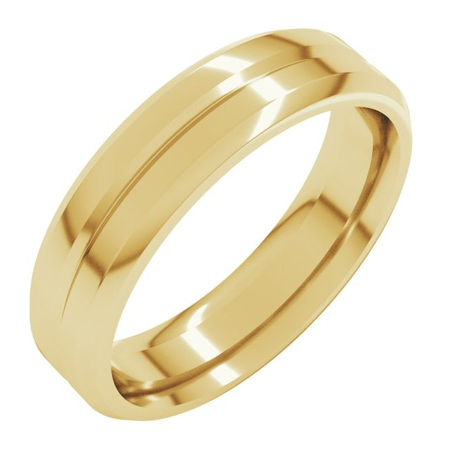 14K Yellow Gold Beveled-Edge Grooved Comfort-Fit Flat Band