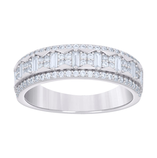 Sterling Silver Men's Baguette Round Cubic-Zirconia Fashion Bridal Anniversary Engagement Wedding Band Ring