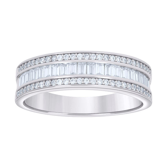 Sterling Silver Men's Baguette Round Cubic-Zirconia Fashion Bridal Anniversary Engagement Wedding Band Ring