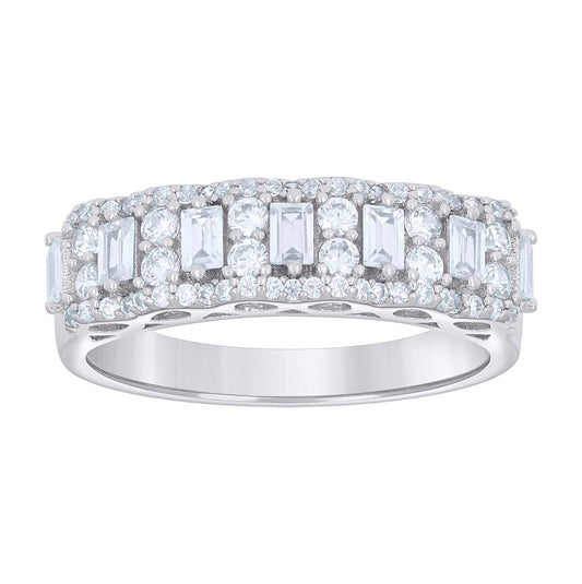 Sterling Silver Womens Baguette Round Cubic-Zirconia Fashion Bridal Anniversary Engagement Wedding Band Ring