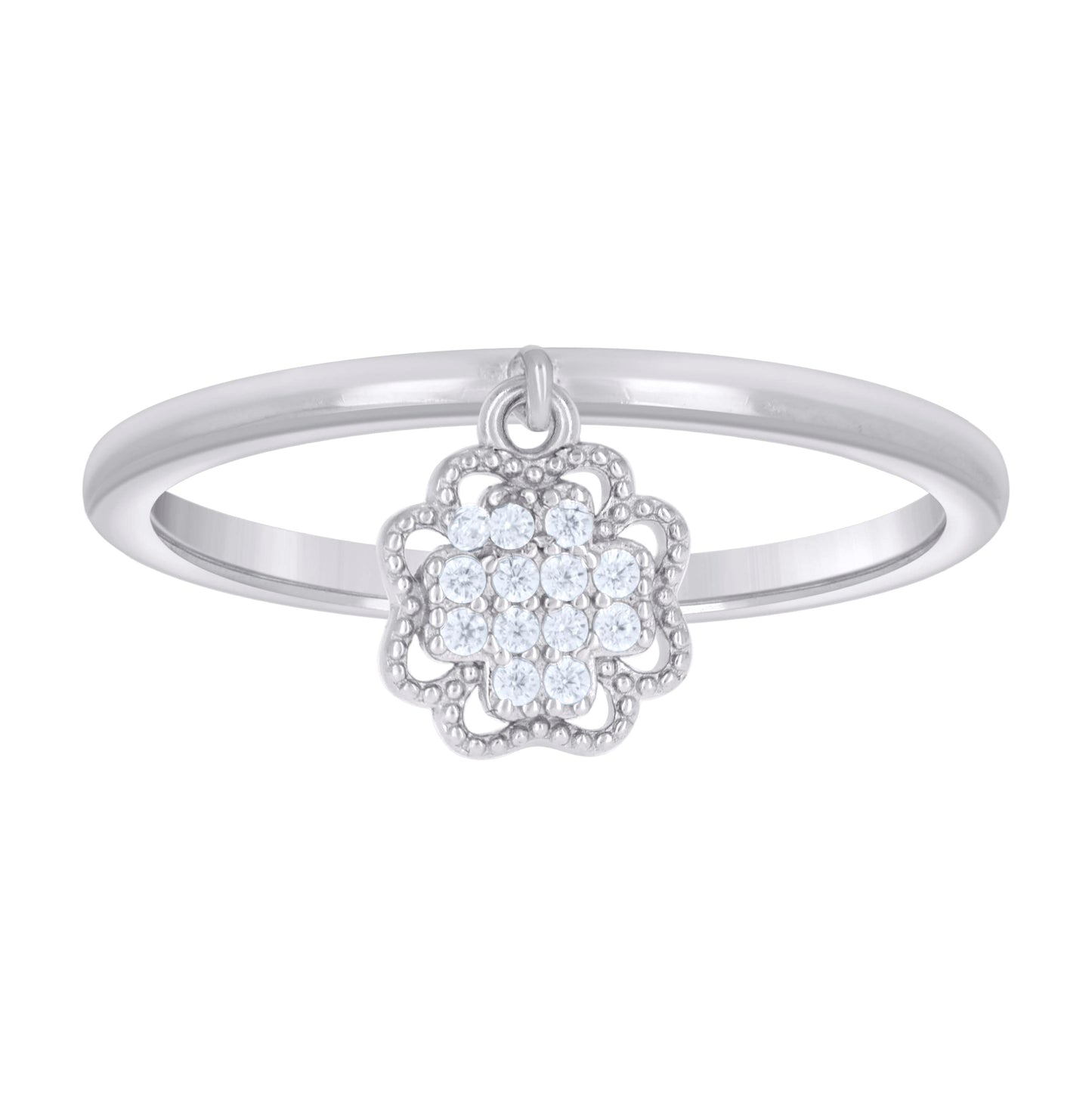 Sterling Silver Womens Cubic-Zirconia Flower Dangle Fashion Bridal Anniversary Wedding Engagement Band Ring