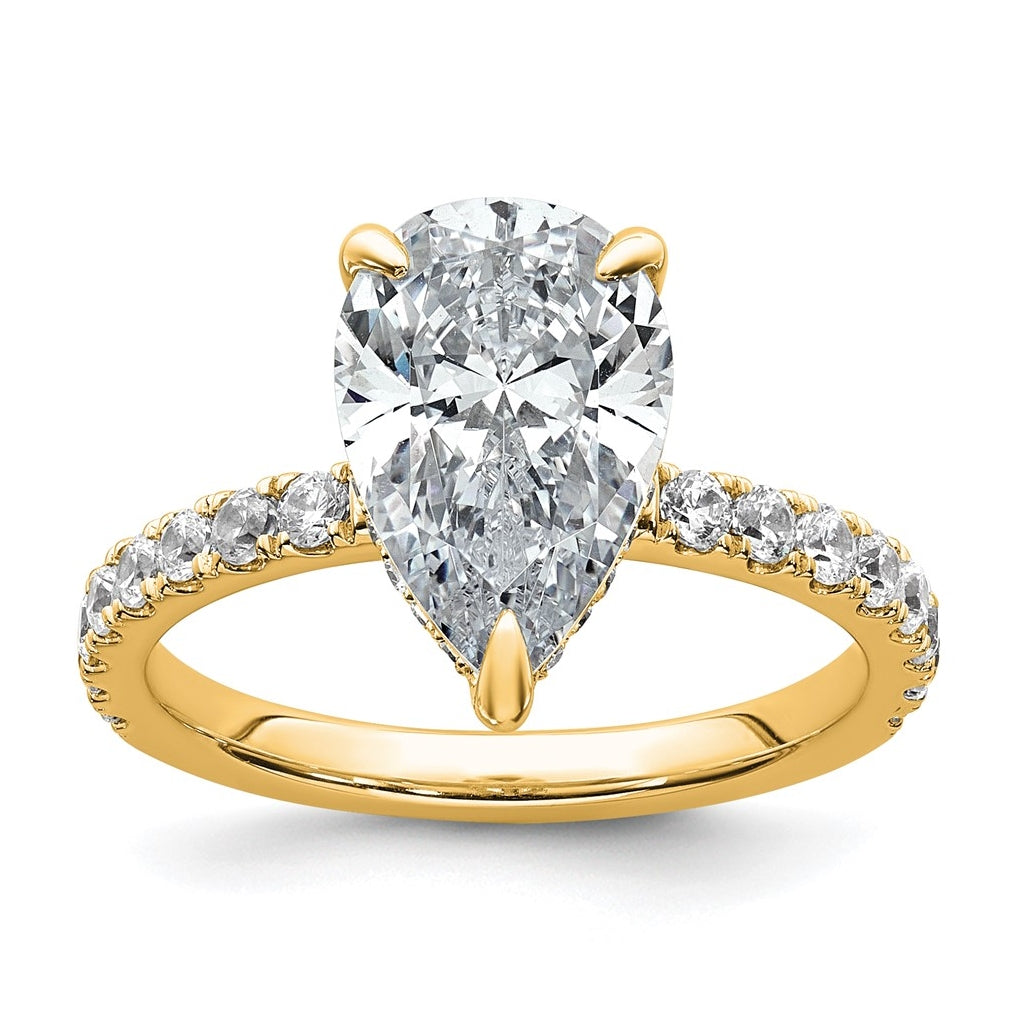 14K Yellow Or White Gold Certified Lab Grown Diamond VS+ F+ Pear Complete Solitaire with Flair Engagement Ring
