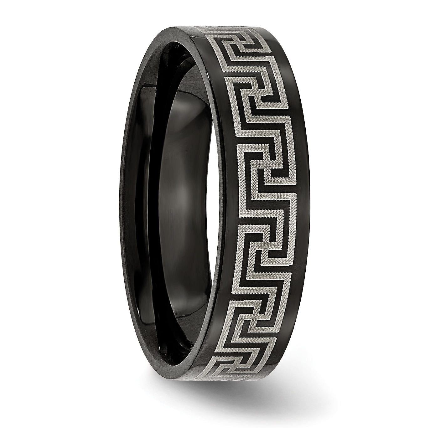 Titanium Brushed Polished Black IP Laser Etched Greek Key 6mm Band, Size 12.5