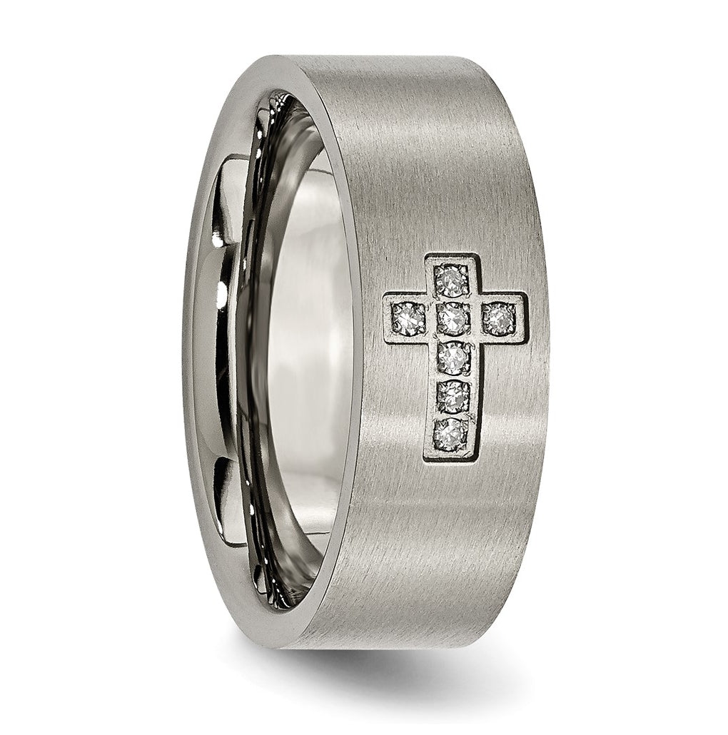 Titanium Brushed 1/15ct Diamond Cross 8mm Flat Band – Elegant Jewelry Gift for Birthday, Anniversary, Engagement, Wedding