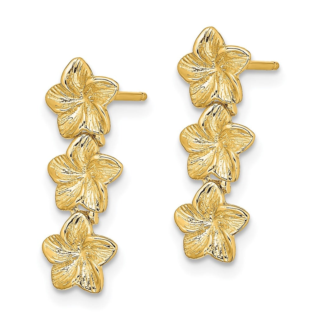 14K Yellow Gold Triple Flower Post Dangle Earrings – Elegant Jewelry Gift for Birthday, Anniversary, Engagement, Wedding