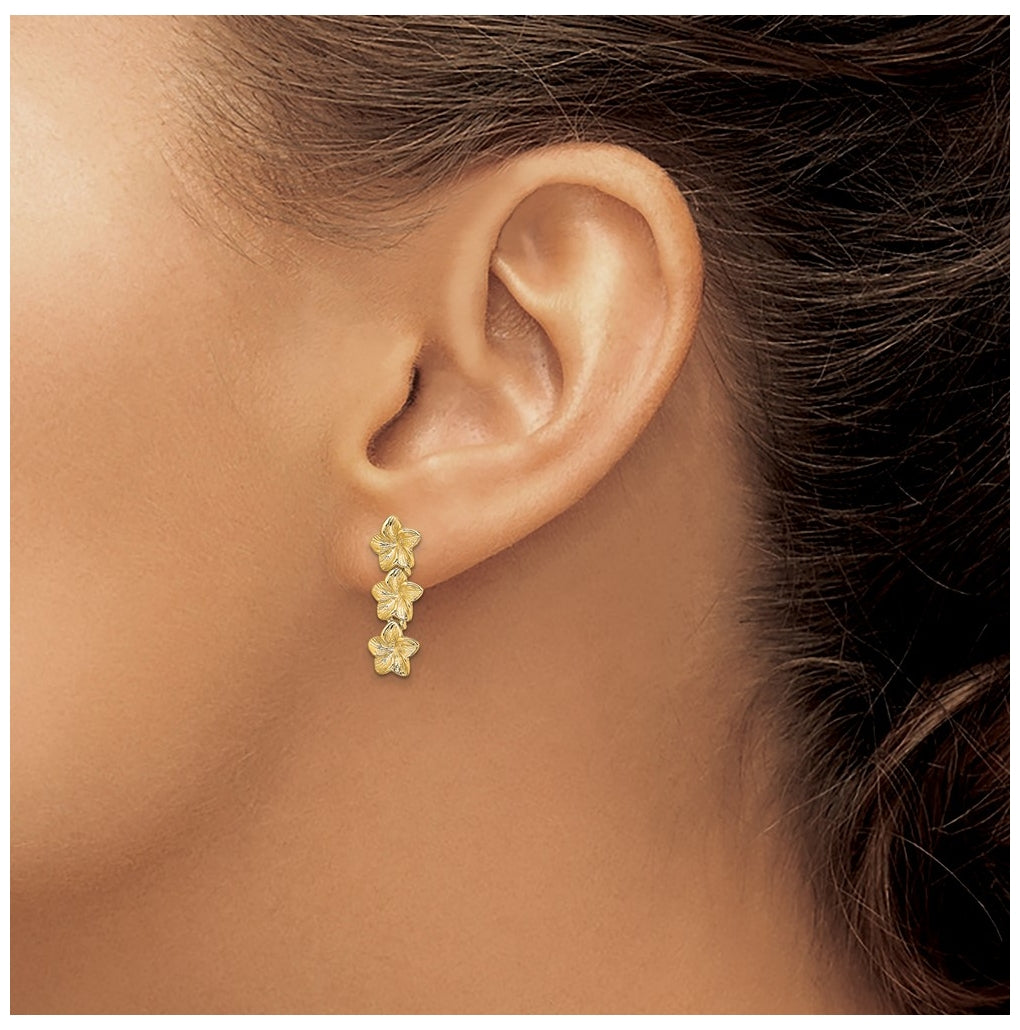 14K Yellow Gold Triple Flower Post Dangle Earrings – Elegant Jewelry Gift for Birthday, Anniversary, Engagement, Wedding