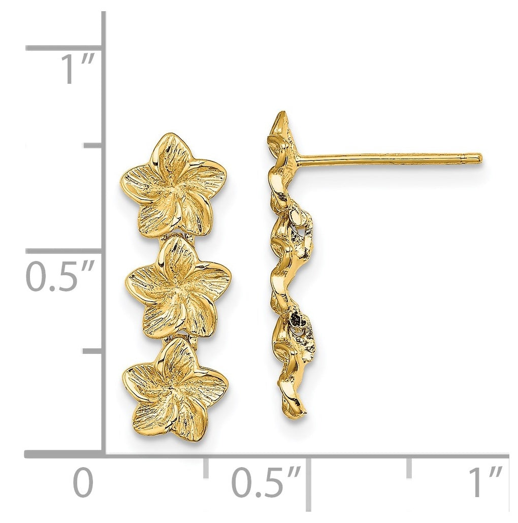 14K Yellow Gold Triple Flower Post Dangle Earrings – Elegant Jewelry Gift for Birthday, Anniversary, Engagement, Wedding