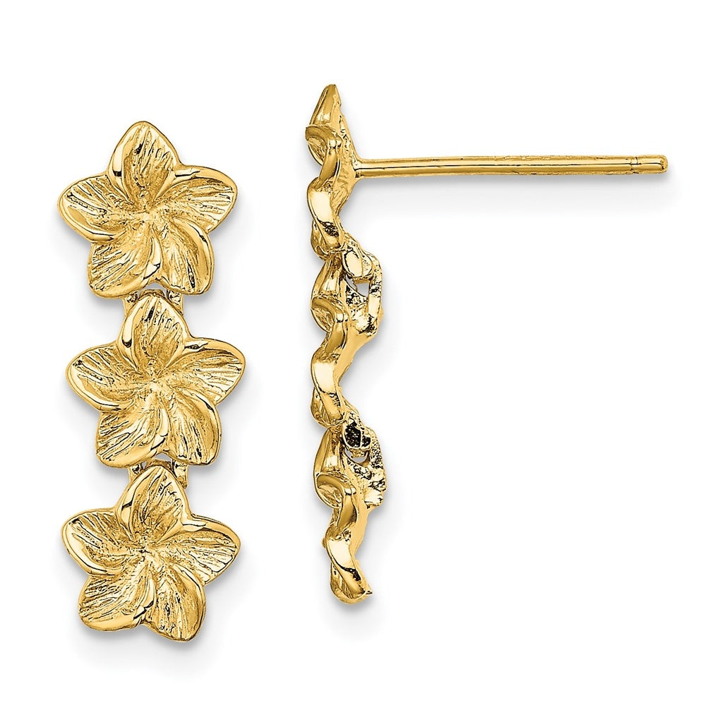 14K Yellow Gold Triple Flower Post Dangle Earrings – Elegant Jewelry Gift for Birthday, Anniversary, Engagement, Wedding