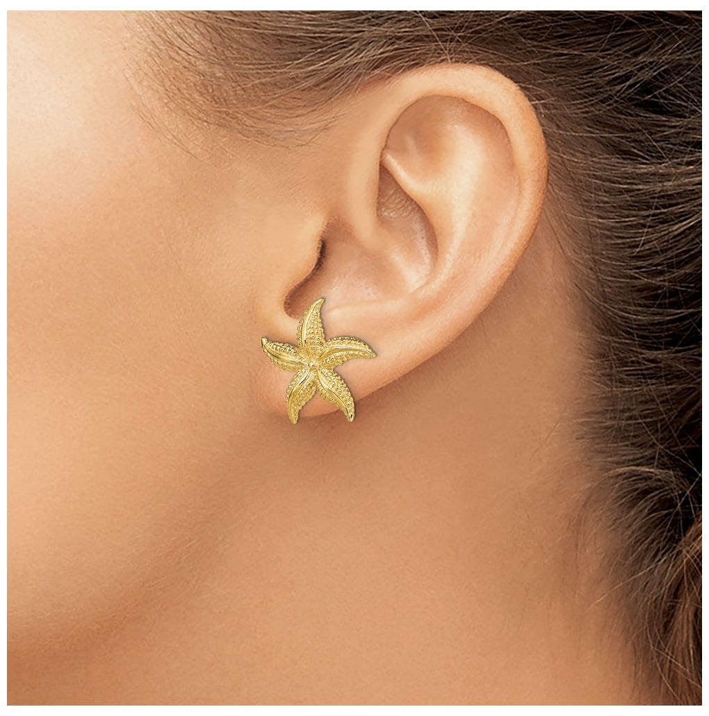 14K Yellow Gold 2-D Polished and Textured Starfish Post Earrings – Elegant Jewelry Gift for Birthday, Anniversary, Engagement, Wedding
