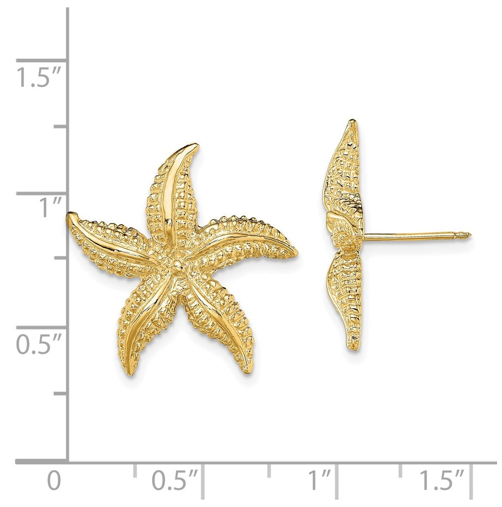 14K Yellow Gold 2-D Polished and Textured Starfish Post Earrings – Elegant Jewelry Gift for Birthday, Anniversary, Engagement, Wedding