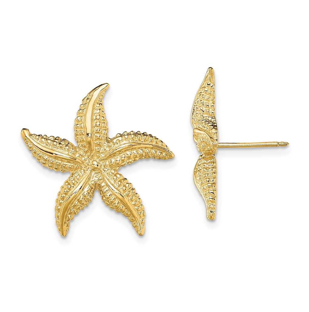 14K Yellow Gold 2-D Polished and Textured Starfish Post Earrings – Elegant Jewelry Gift for Birthday, Anniversary, Engagement, Wedding