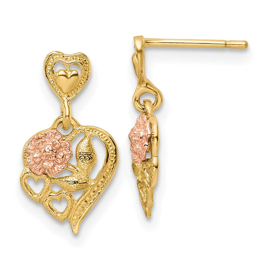 14k Two-tone Heart with Flower Post Dangle Earrings