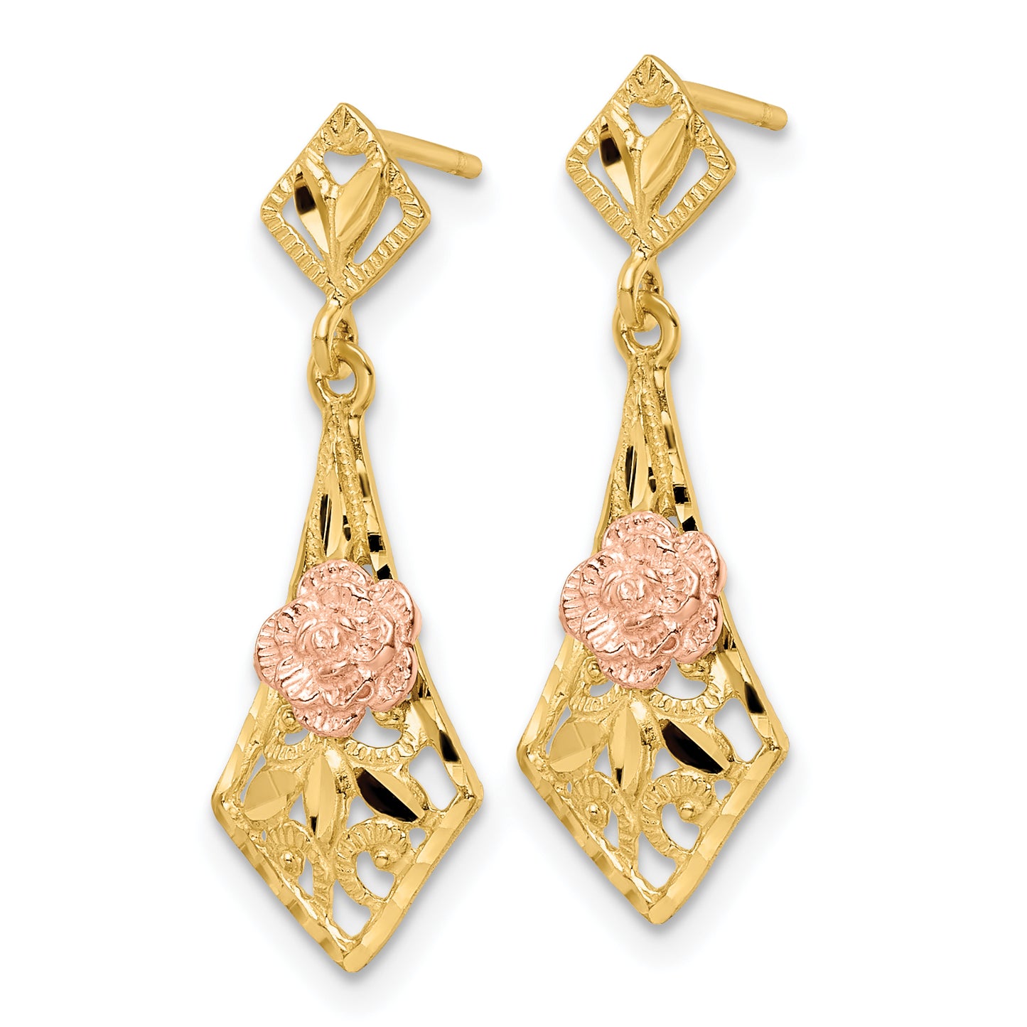 14k Two-tone Diamond Cut Flower Post Dangle Earrings