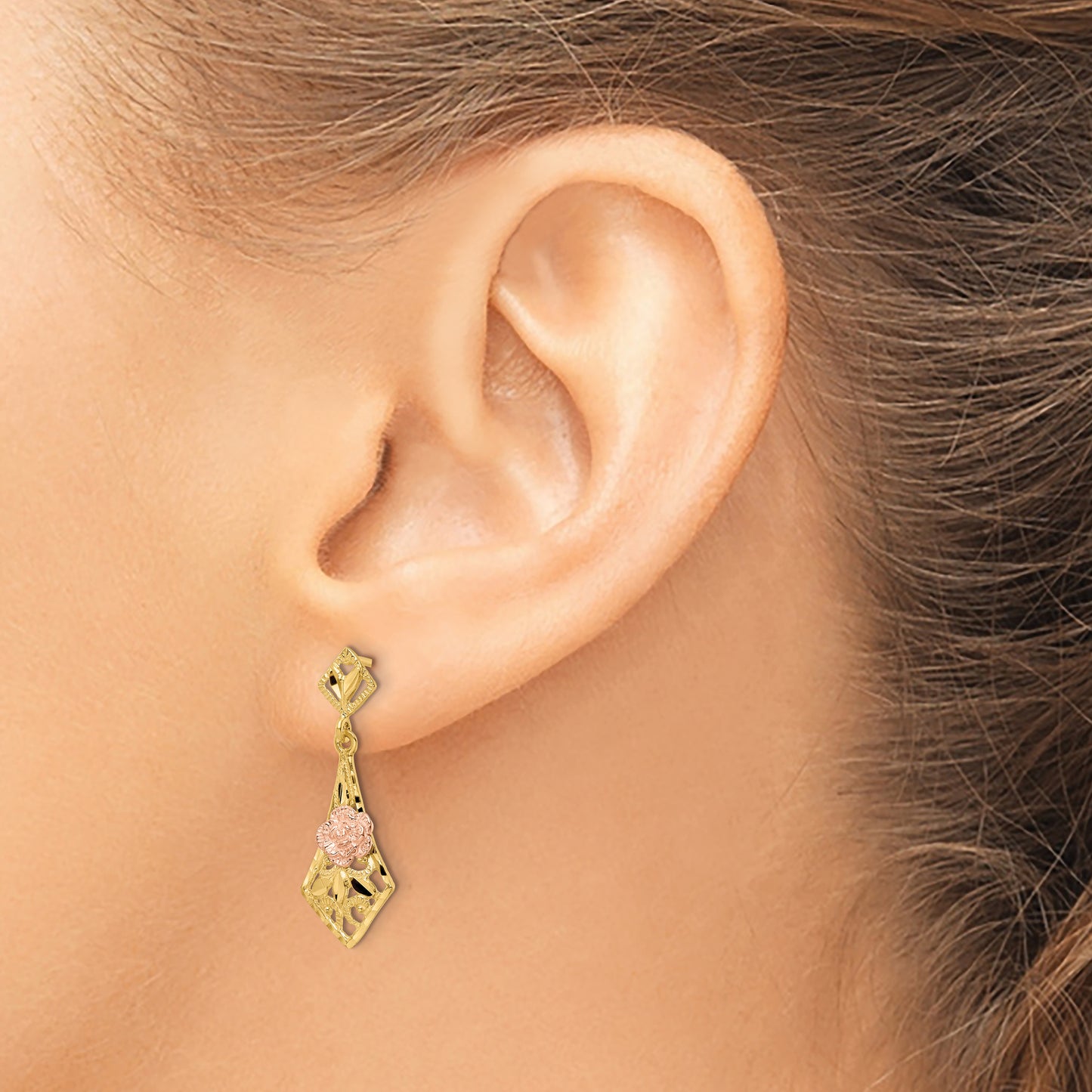14k Two-tone Diamond Cut Flower Post Dangle Earrings