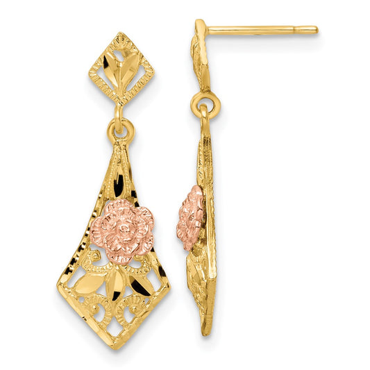14k Two-tone Diamond Cut Flower Post Dangle Earrings