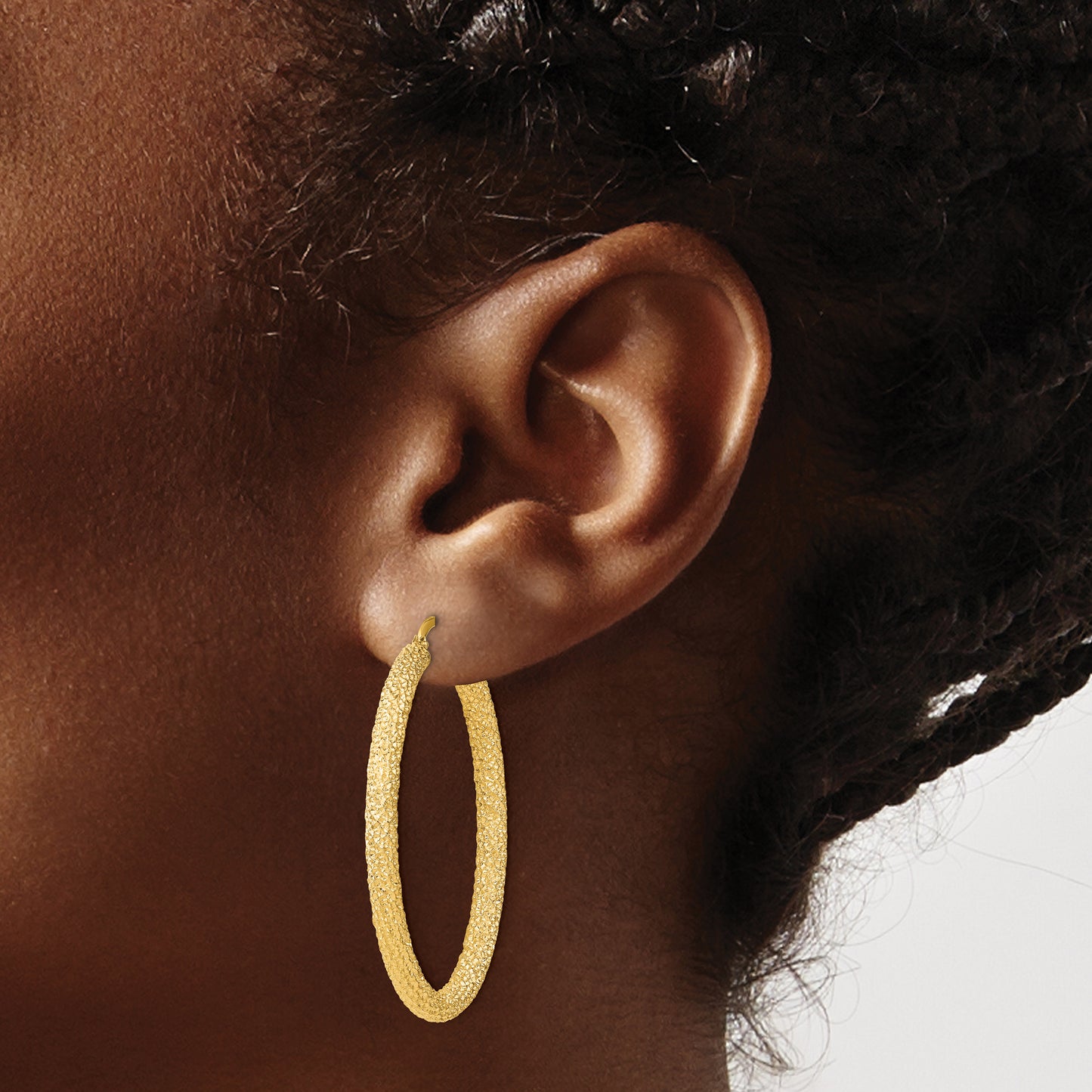 14K Yellow Gold 3x30mm Diamond-cut Hoop Earrings