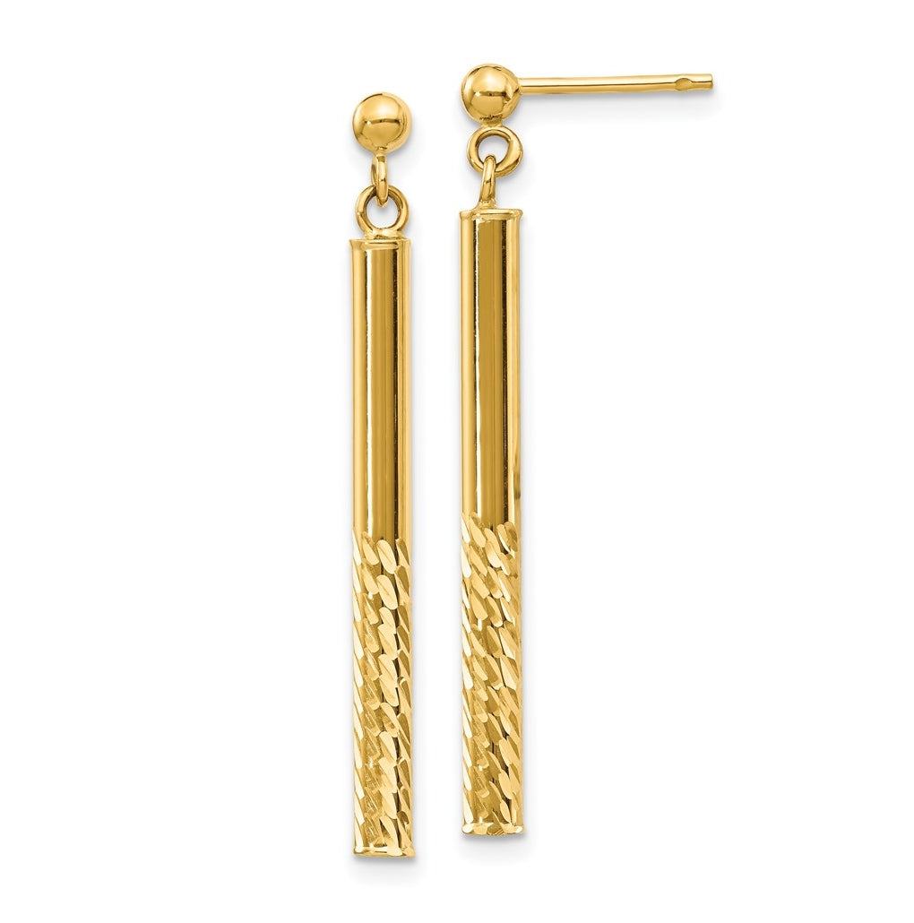 14K Yellow Gold Polished and Diamond-cut Bar Dangle Post Earrings – Elegant Jewelry Gift for Birthday, Anniversary, Engagement, Wedding