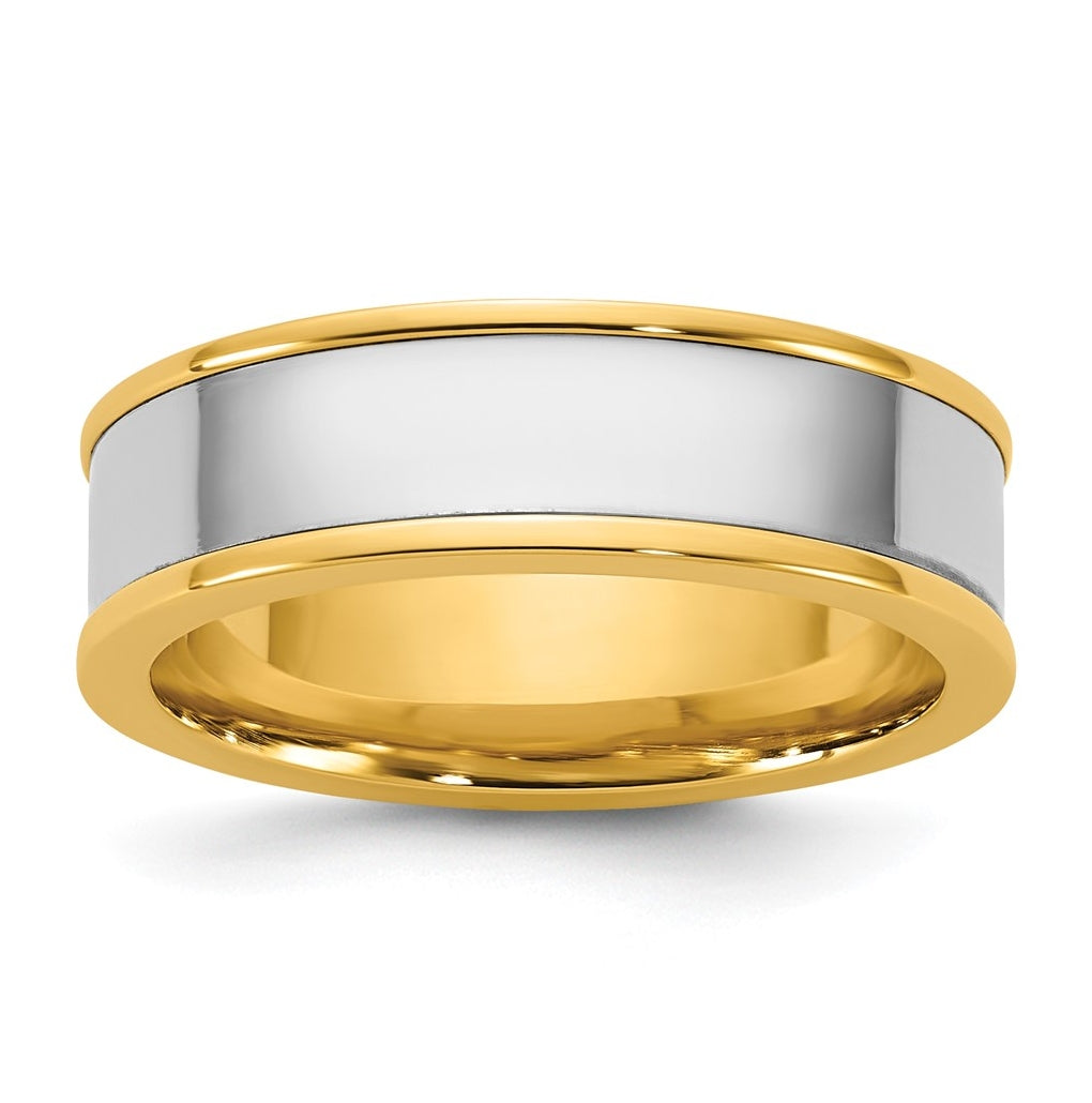 14k Two-Tone Yellow and White Gold Step Up Flat Edge Wedding Band