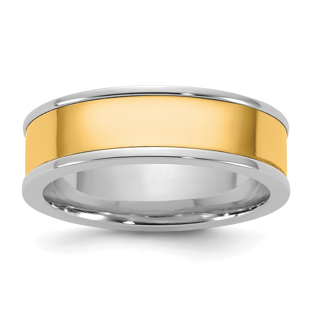 14k Two-Tone White and Yellow Gold Step Up Flat Edge Wedding Band