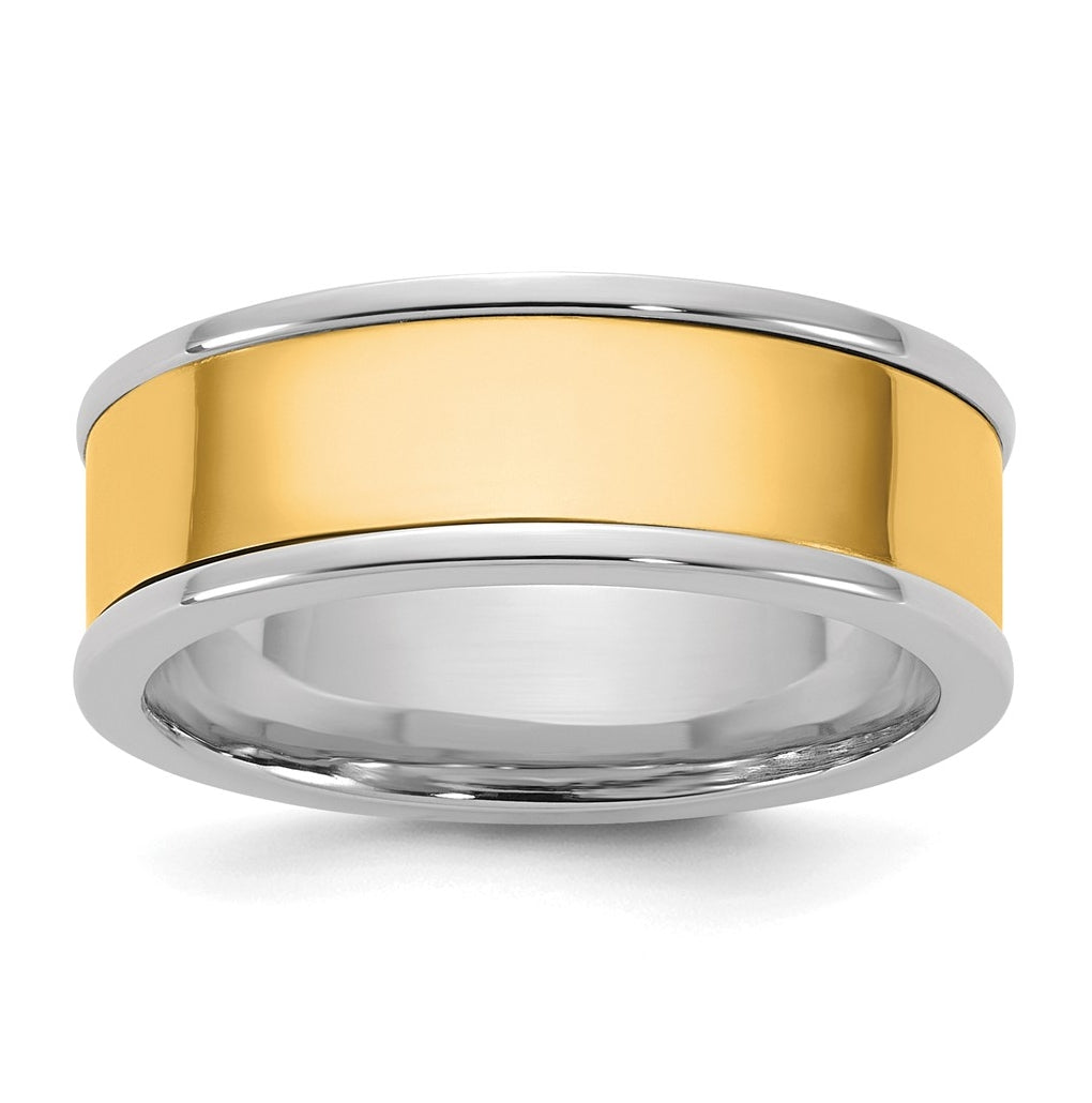 14k Two-Tone White and Yellow Gold Step Up Flat Edge Wedding Band