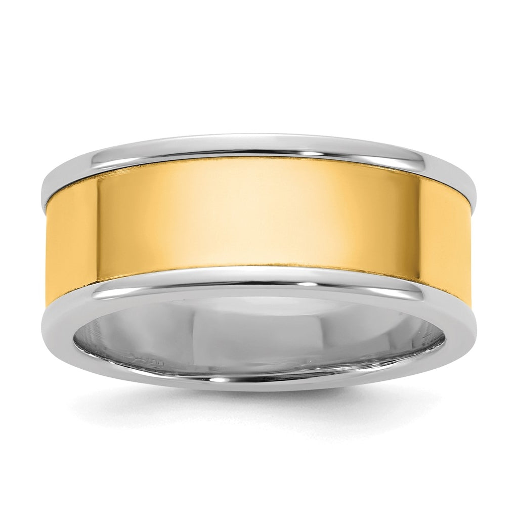 14k Two-Tone White and Yellow Gold Step Up Flat Edge Wedding Band