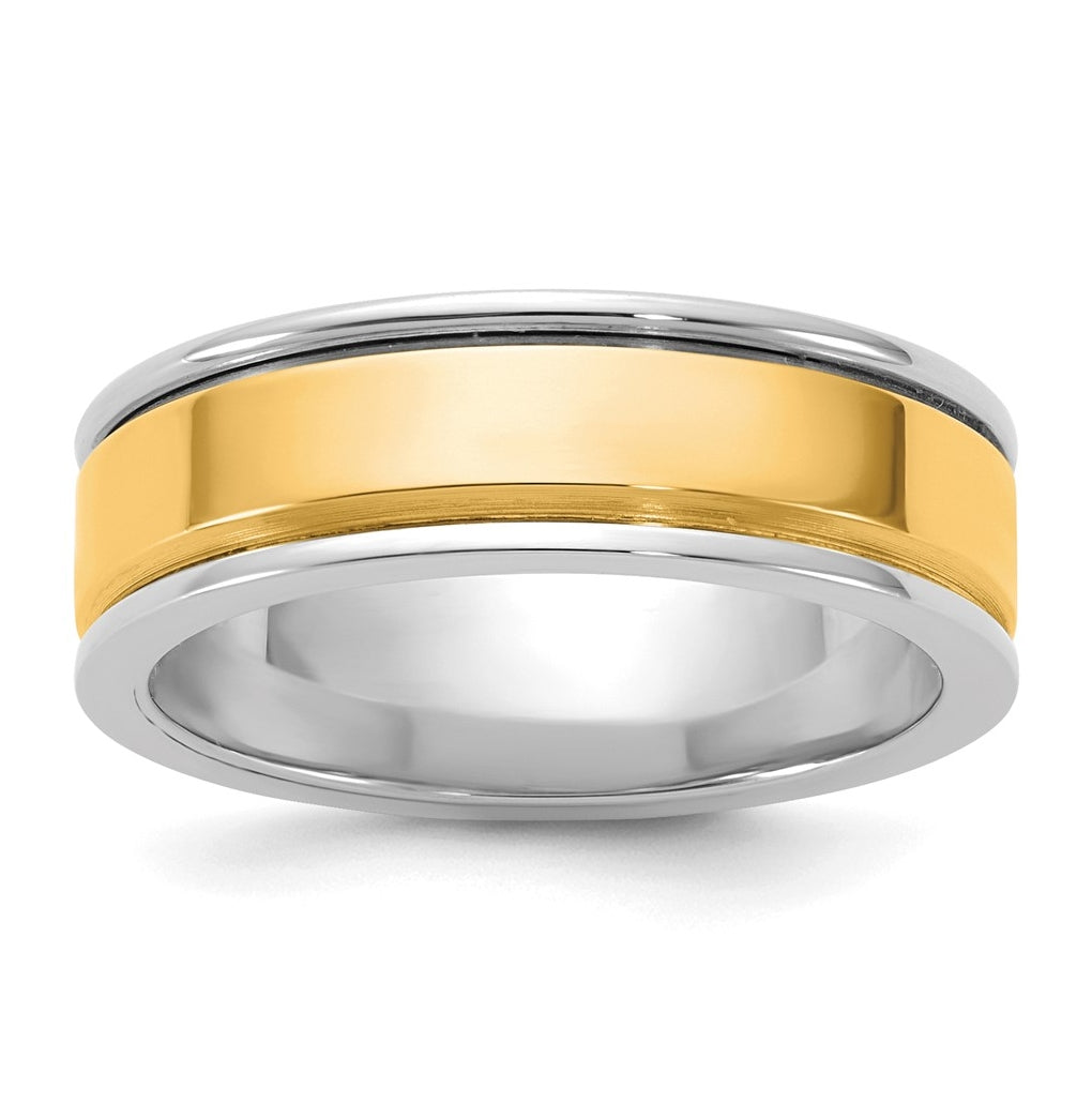 14k Two-Tone White and Yellow Gold Step Up Beveled Wedding Band