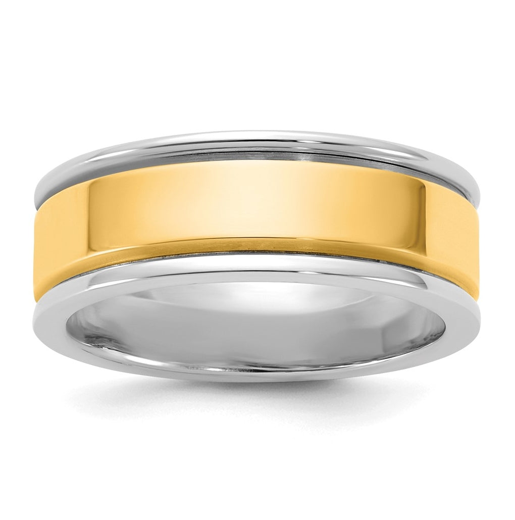 14k Two-Tone White and Yellow Gold Step Up Beveled Wedding Band
