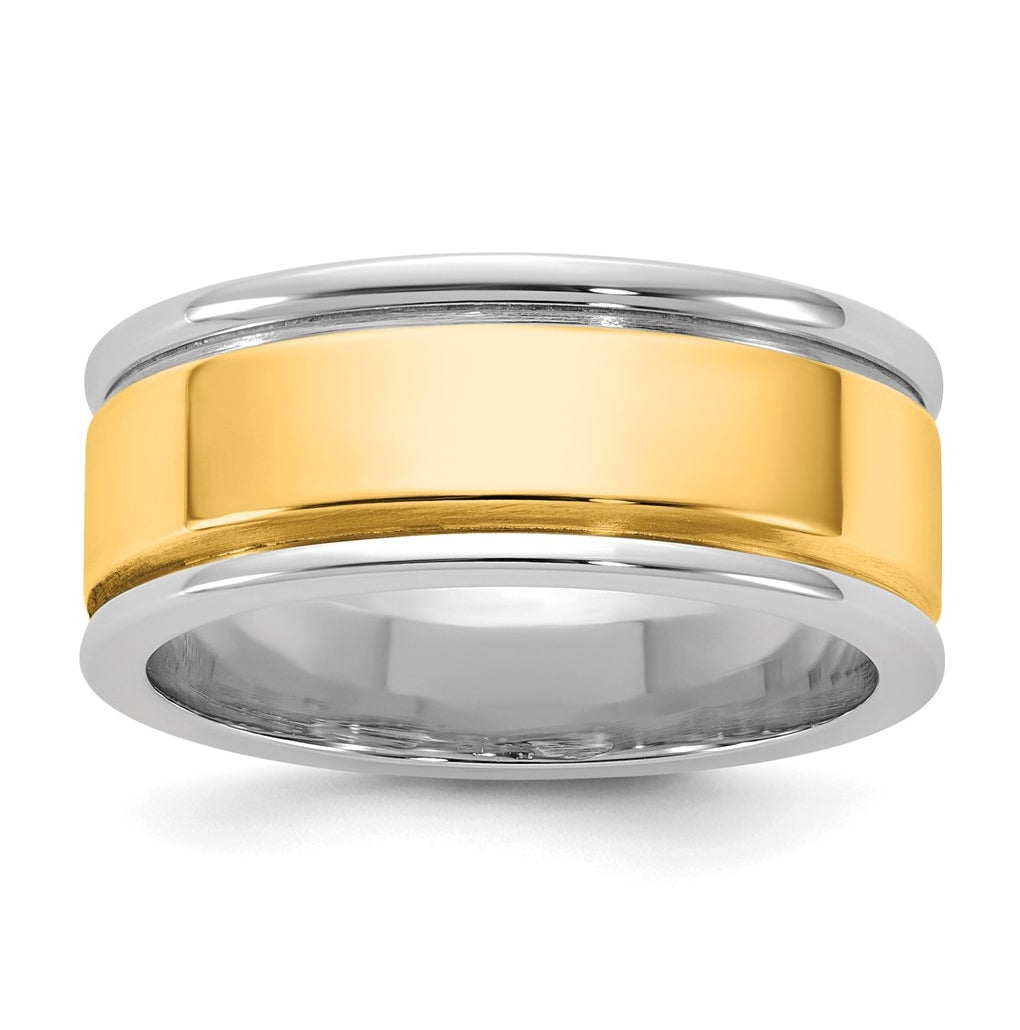 14k Two-Tone White and Yellow Gold Step Up Beveled Wedding Band
