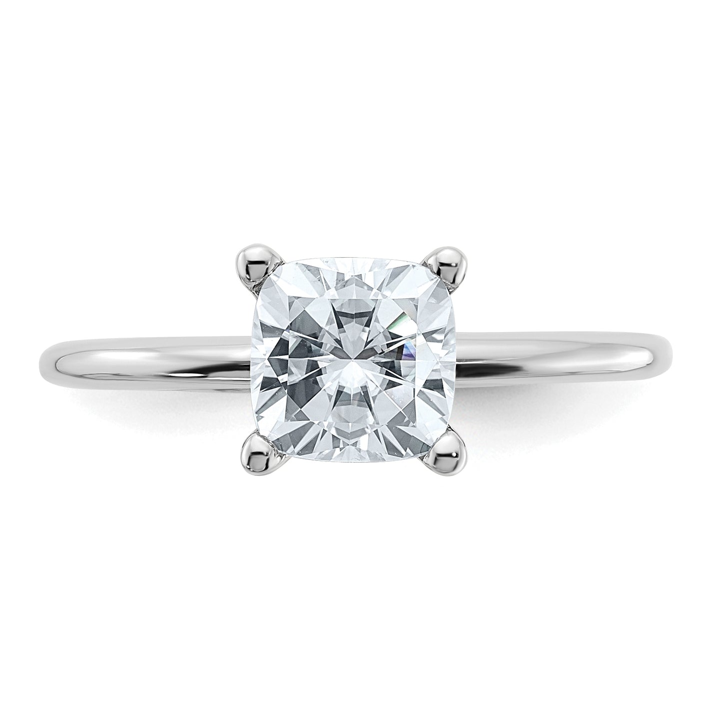 14K White Gold 1ct. D E F Pure Light Cushion Moissanite Solitaire Ring, Size 7
