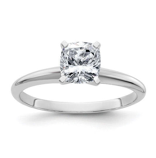 14K White Gold 1ct. D E F Pure Light Cushion Moissanite Solitaire Ring, Size 9