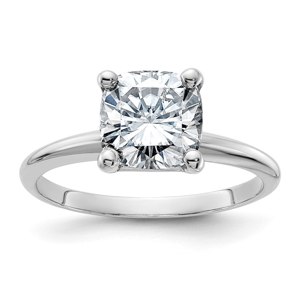 14K White Gold 2ct. D E F Pure Light Cushion Moissanite Solitaire Ring, Size 7