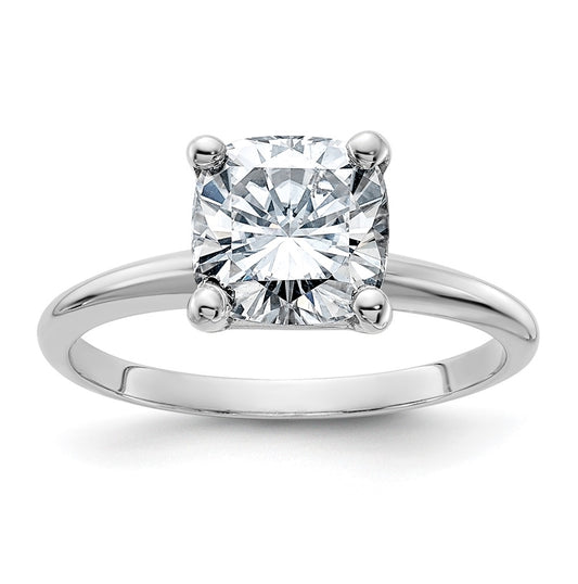 14K White Gold 2ct. D E F Pure Light Cushion Moissanite Solitaire Ring, Size 7