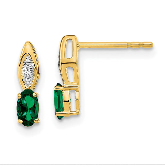 14K Yellow Gold Emerald and Diamond Post Earrings