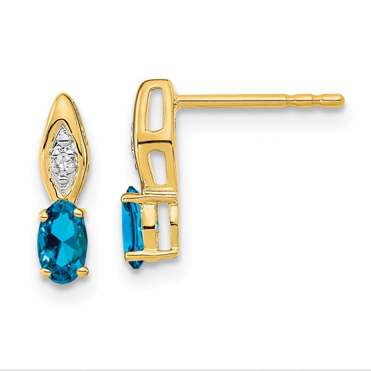 14K Yellow Gold Blue Topaz and Diamond Post Earrings