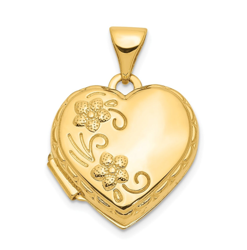 14K Yellow Gold 15mm Floral Heart Locket – Elegant Jewelry Gift for Birthday, Anniversary, Engagement, Wedding