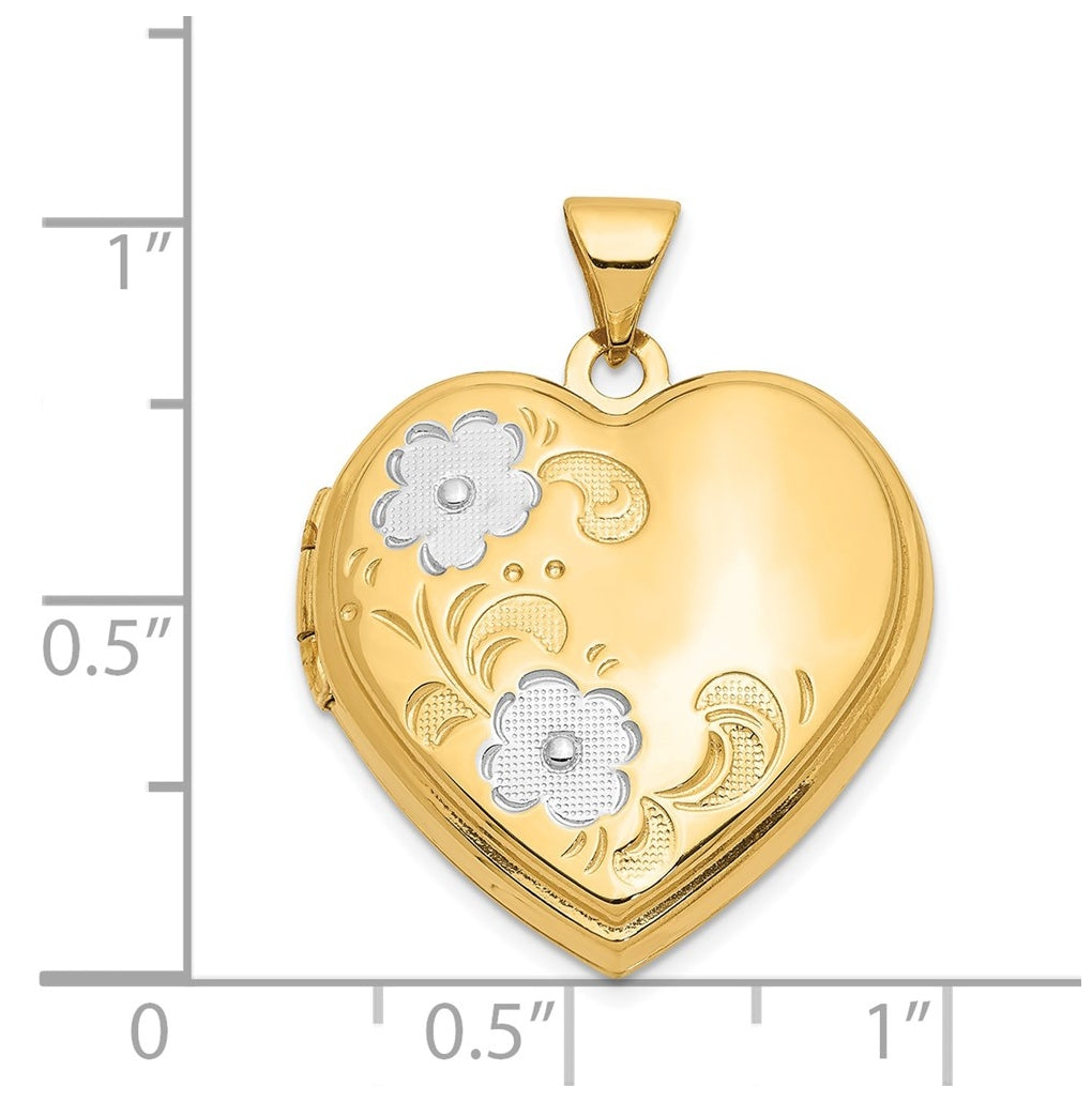 14k Yellow Gold w/Rhodium Floral Heart Locket – Elegant Jewelry Gift for Birthday, Anniversary, Engagement, Wedding