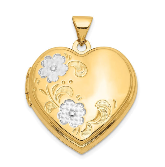 14k Yellow Gold w/Rhodium Floral Heart Locket – Elegant Jewelry Gift for Birthday, Anniversary, Engagement, Wedding