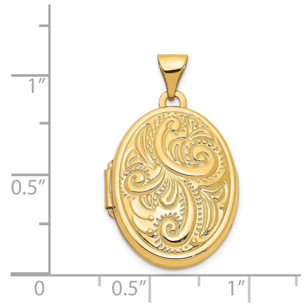 14K Yellow Gold Domed Scroll Design Oval Locket – Elegant Jewelry Gift for Birthday, Anniversary, Engagement, Wedding