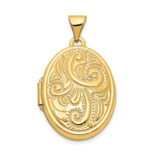 14K Yellow Gold Domed Scroll Design Oval Locket – Elegant Jewelry Gift for Birthday, Anniversary, Engagement, Wedding