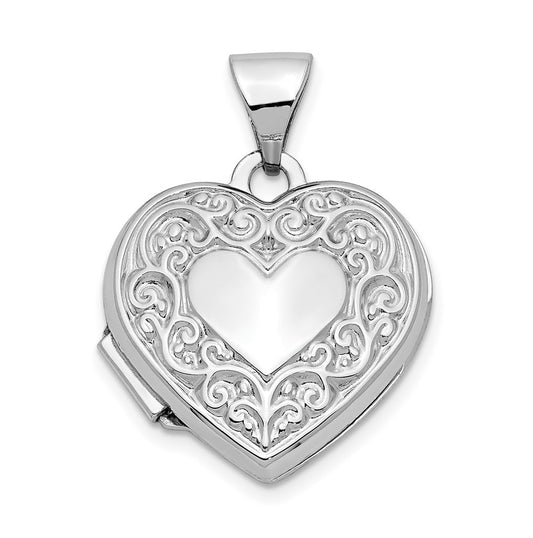 14k White Gold Scroll Pattern Heart Locket – Elegant Jewelry Gift for Birthday, Anniversary, Engagement, Wedding