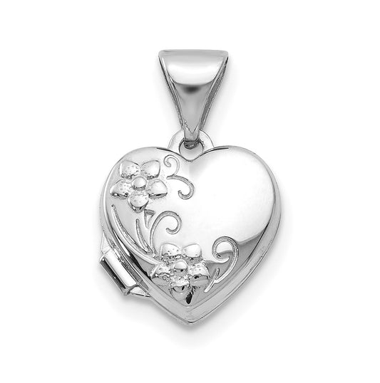 14k White Gold Polished Heart-Shaped Floral Locket – Elegant Jewelry Gift for Birthday, Anniversary, Engagement, Wedding