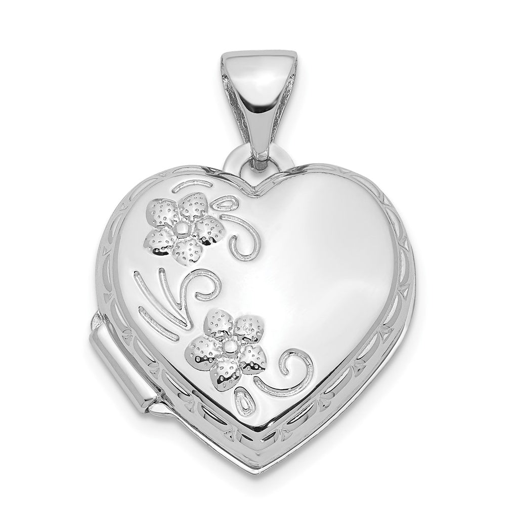 14k White Gold Polished Reversible Floral Heart Locket – Elegant Jewelry Gift for Birthday, Anniversary, Engagement, Wedding