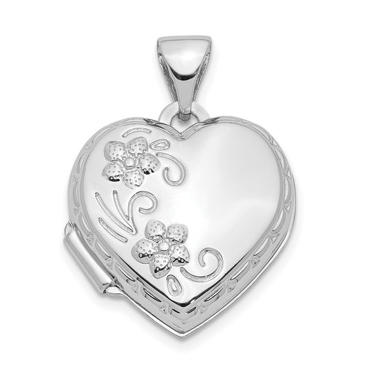 14k White Gold Polished Reversible Floral Heart Locket – Elegant Jewelry Gift for Birthday, Anniversary, Engagement, Wedding