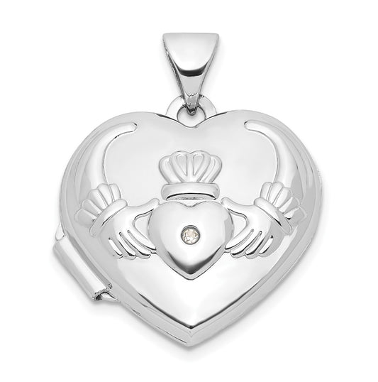 14k White Gold Diamond Heart Claddagh Locket – Elegant Jewelry Gift for Birthday, Anniversary, Engagement, Wedding